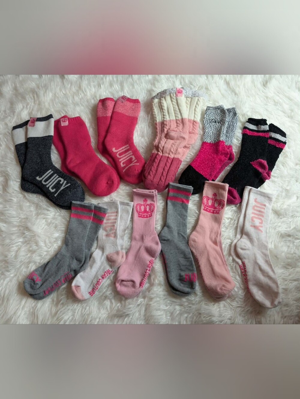 12 Pairs Nwot Juicy Couture Girls Pink, Gray & White Sock Lot with Crown Accents